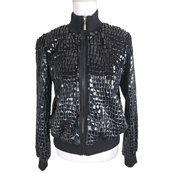 Peter Nygard ~Woman Size 8~ Black Shimmering Zip-Up Bomber Jacket Fully Lined. - Picture 1 of 12